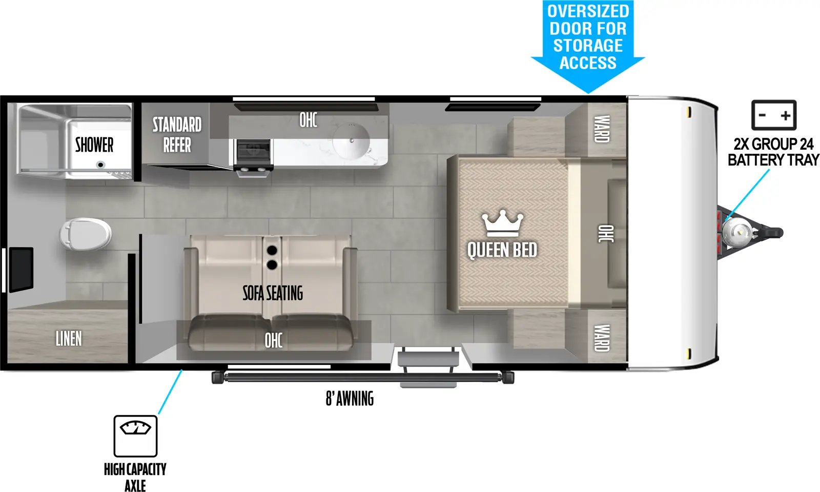 The 164RBLE has one entry and no slideouts. Exterior features an off-door side oversized door for storage access, front 2x group 24 battery tray, high capacity axle, and 8 foot awning. Interior layout front to back: queen bed with overhead cabinet and wardrobes on each side; off-door side kitchen counter with sink, overhead cabinet, cooktop and refrigerator; door side entry, sofa seating and overhead cabinet; rear bathroom with shower, toilet and linen closet only.